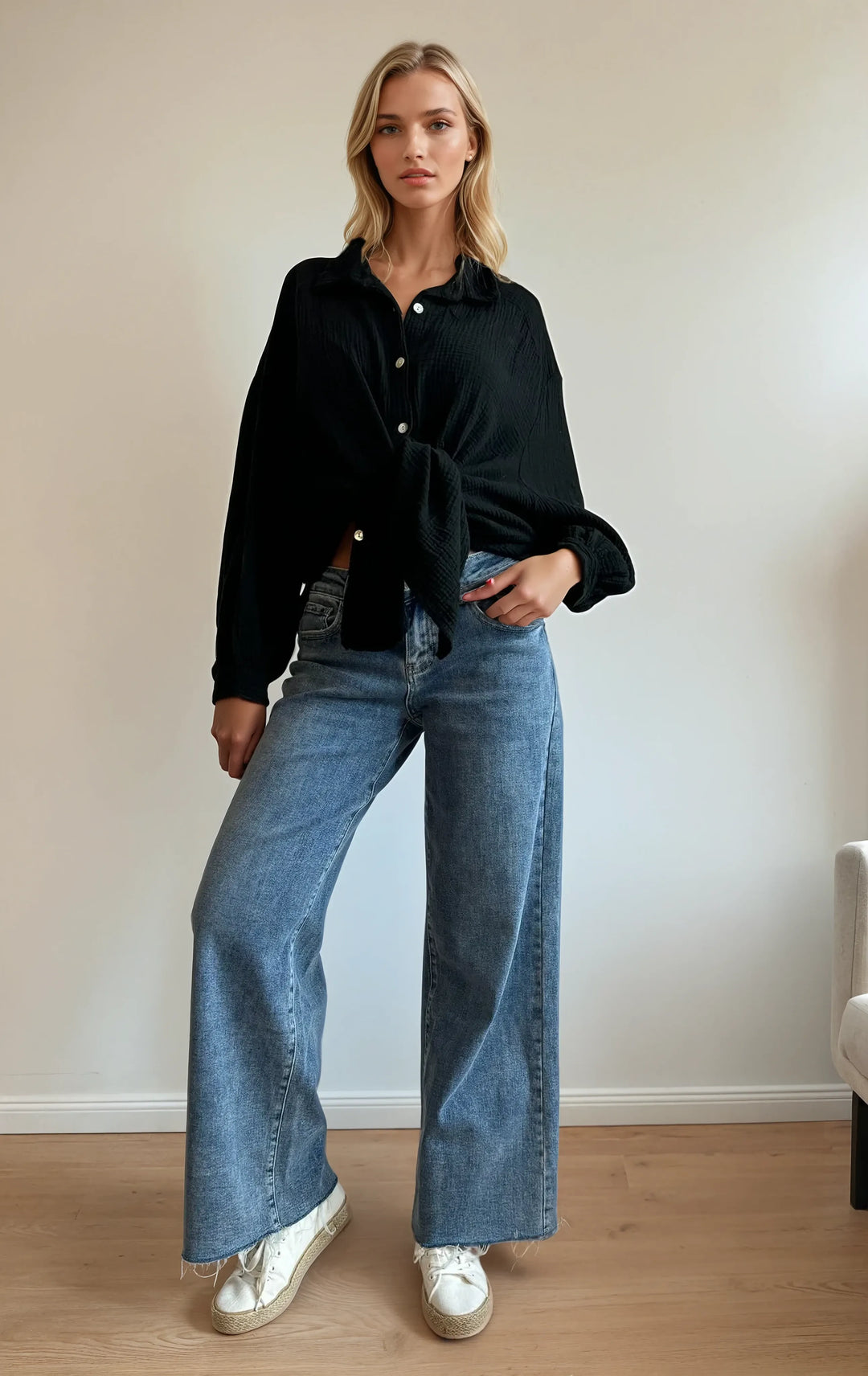 Kurze Musselin Hemdbluse (Schwarz)