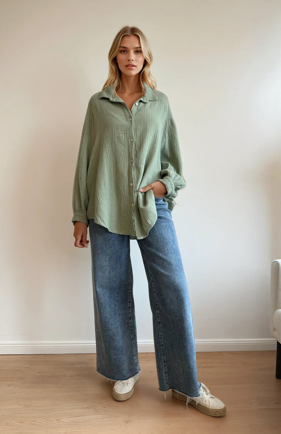 Kurze Musselin Hemdbluse (Khaki)