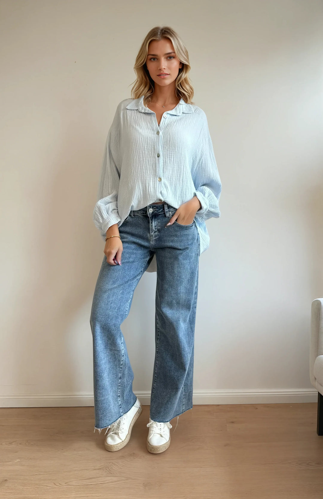 Kurze Musselin Hemdbluse (Hellblau)