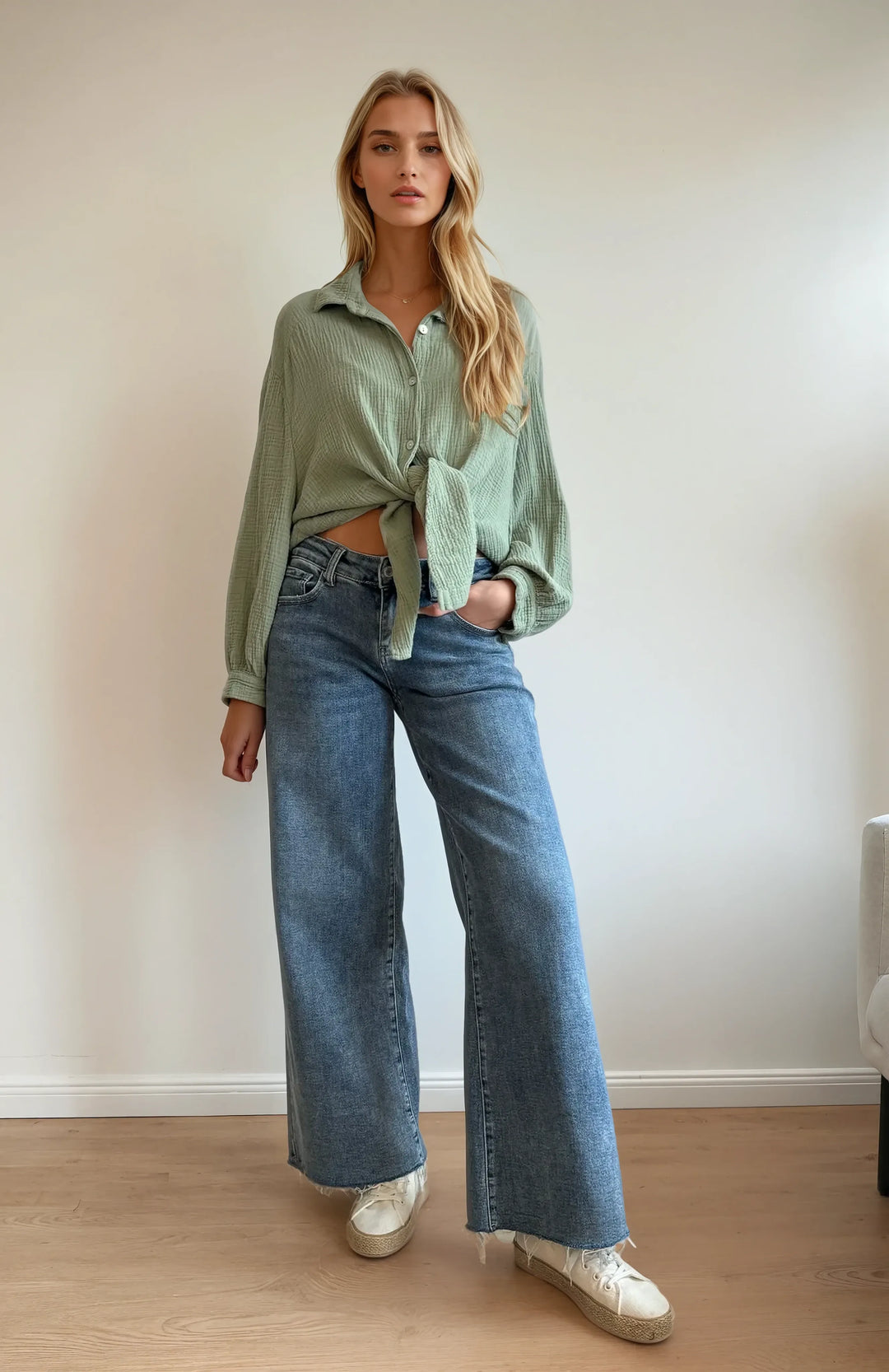 Kurze Musselin Hemdbluse (Khaki)