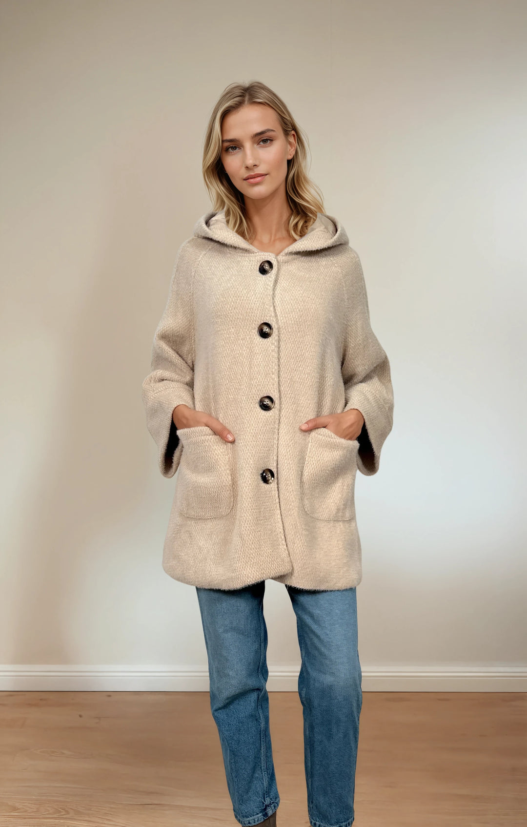 Übergangsjacke mit Kapuze & Knöpfen (Creme)