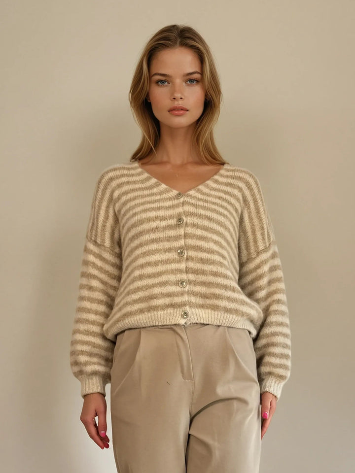 Cardigan mit Knopfleiste (Beige Weiß Gestreift)