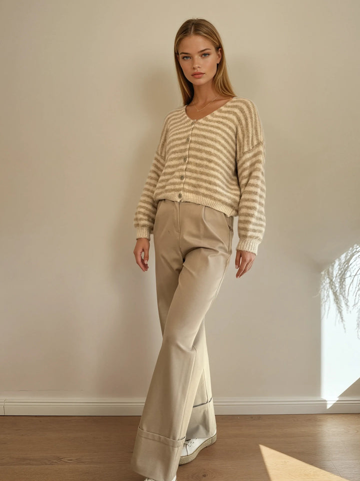 Cardigan mit Knopfleiste (Beige Weiß Gestreift)