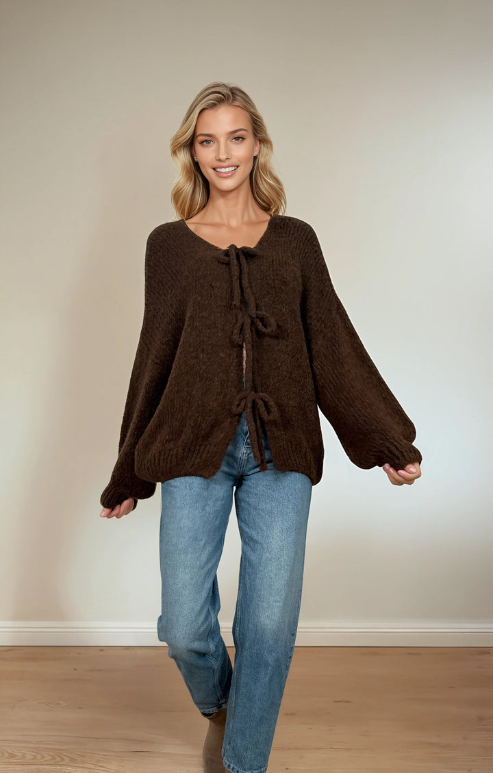 Cardigan mit Schleifen zum Binden (Dunkelbraun)