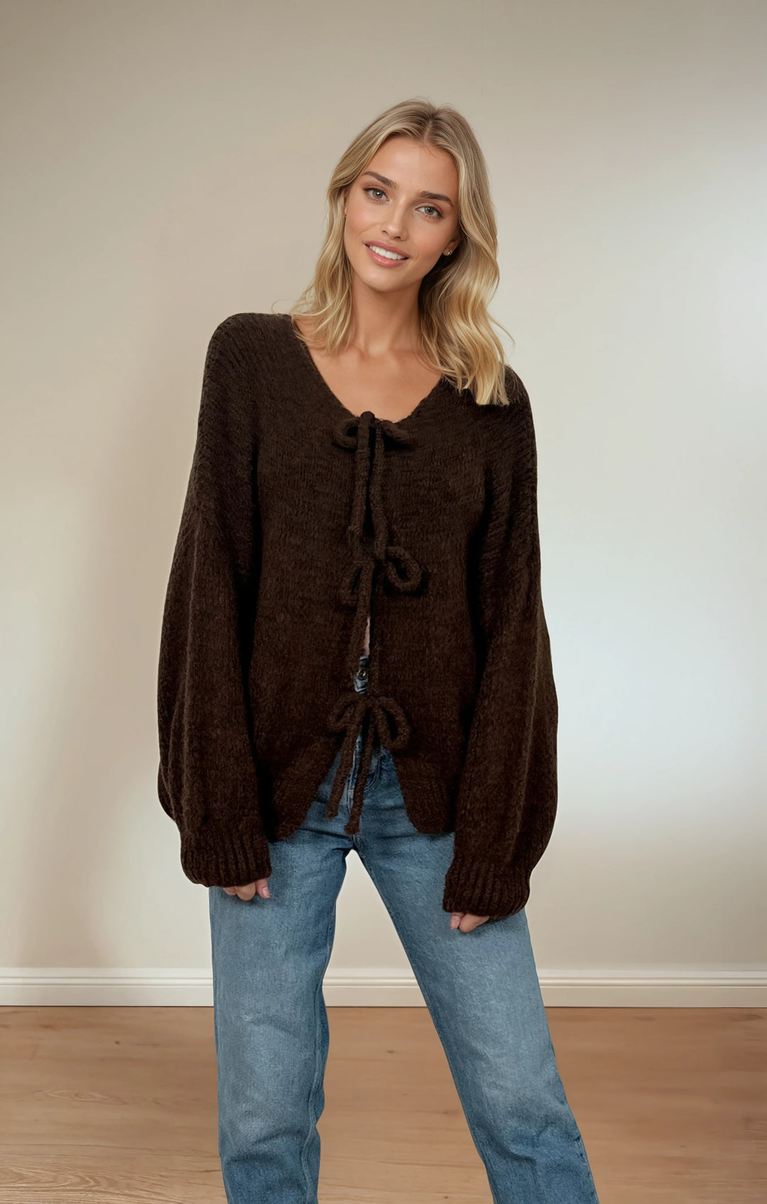 Cardigan mit Schleifen zum Binden (Dunkelbraun)