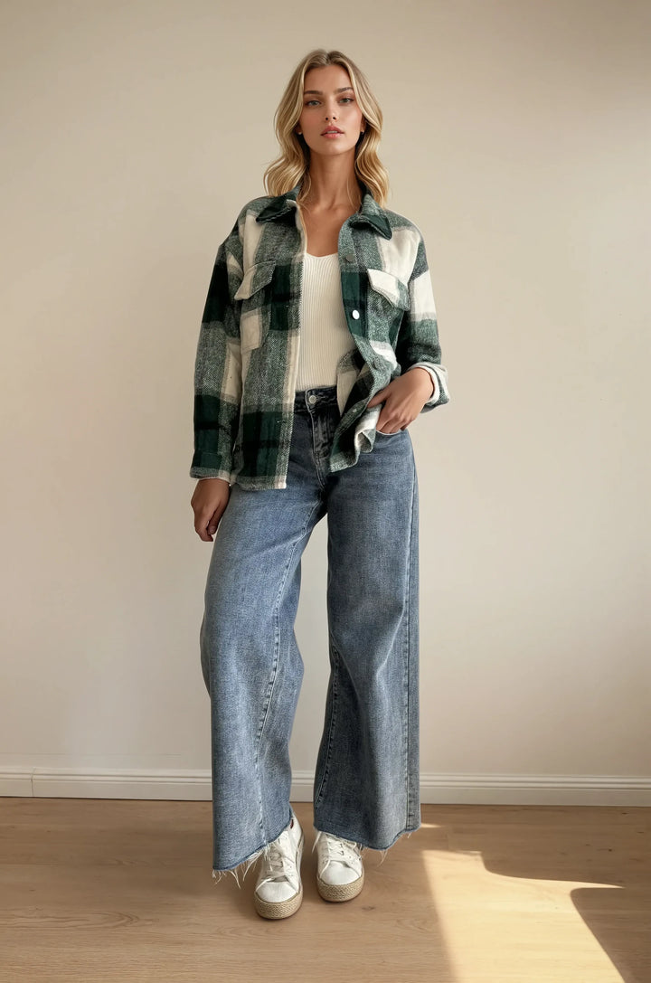 Karierte Flanelljacke (Dunkelgrün-Creme)